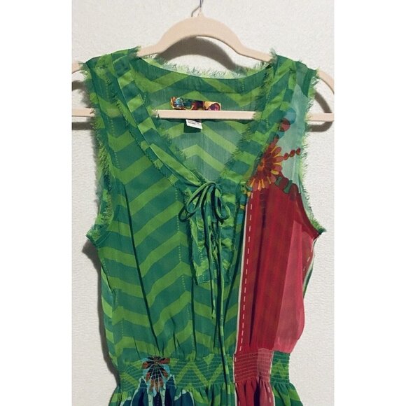 Desigual Dress Womens Medium Green Damen Kleid Smocked Waist Artsy Boho Colorful - Picture 4 of 7